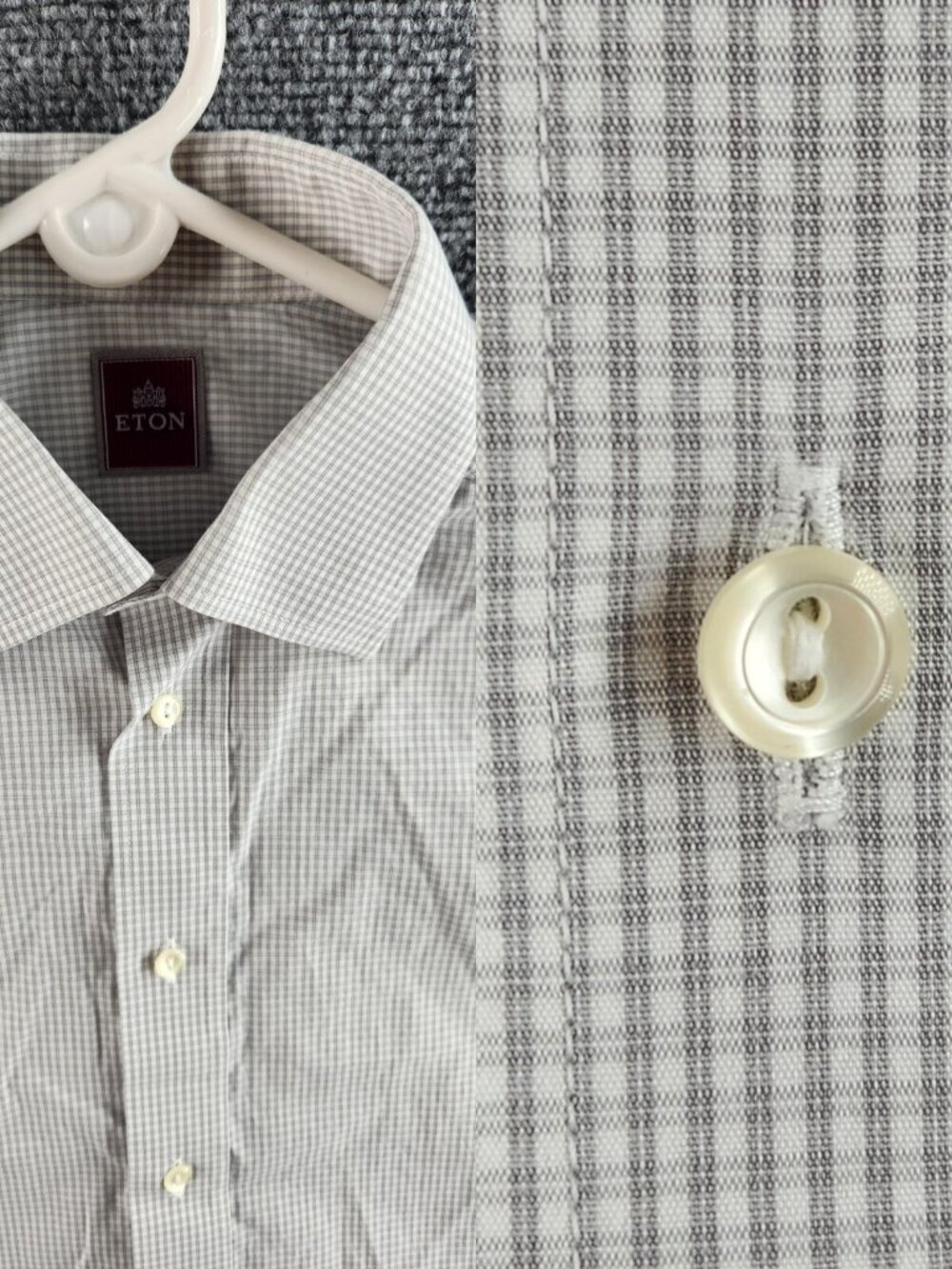 Eton Size 15 Button Up Shirt Long Sleeve Cotton Designer French Cuff Gray Check
